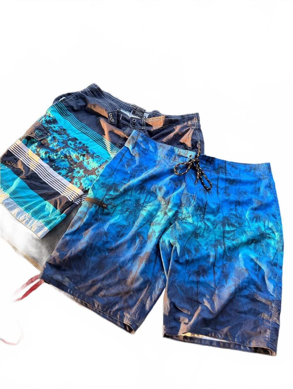 Distortion Men's Blue and Black Palm Tree Pattern Board Shorts, Size XL, 2 pairs